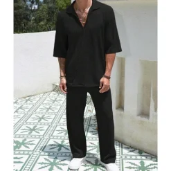 Hot OUKU Men's T-shirt Suits 2 Pieces Outfits Tee & Shorts Short Sleeve Turndown Summer Plain Fashion Casual 2 Piece Vacation Daily Wear Going out Black Blue Brown Top Tee for Men