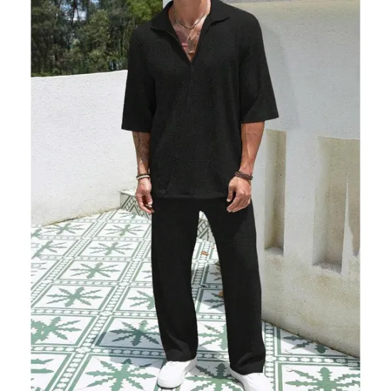 Hot OUKU Men's T-shirt Suits 2 Pieces Outfits Tee & Shorts Short Sleeve Turndown Summer Plain Fashion Casual 2 Piece Vacation Daily Wear Going out Black Blue Brown Top Tee for Men