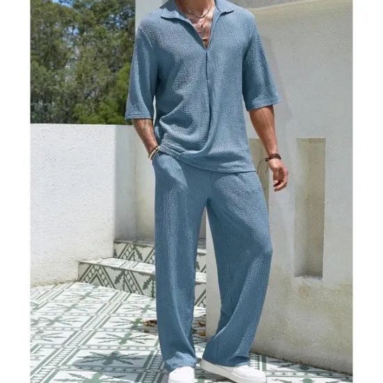 Hot OUKU Men's T-shirt Suits 2 Pieces Outfits Tee & Shorts Short Sleeve Turndown Summer Plain Fashion Casual 2 Piece Vacation Daily Wear Going out Black Blue Brown Top Tee for Men
