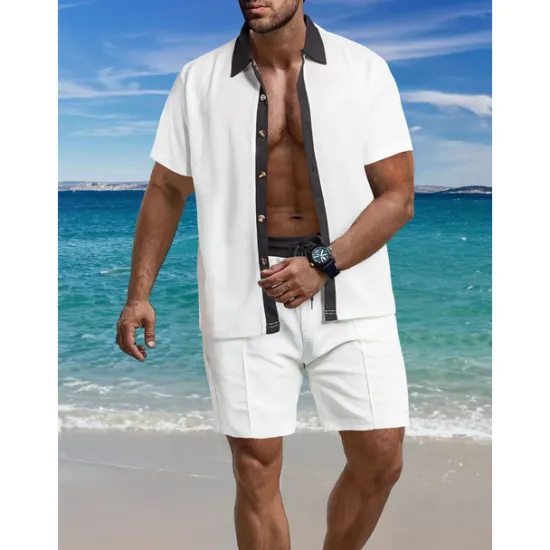 Outlet OUKU Men's T-shirt Suits 2 Pieces Outfits Tee & Shorts Short Sleeve Lapel Summer Color Block Fashion Casual 2 Piece Vacation Daily Wear Going out Black White Wine Top Tee for Men