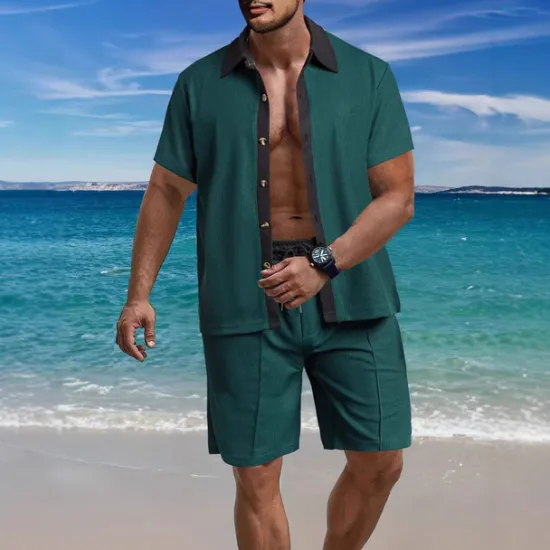 Outlet OUKU Men's T-shirt Suits 2 Pieces Outfits Tee & Shorts Short Sleeve Lapel Summer Color Block Fashion Casual 2 Piece Vacation Daily Wear Going out Black White Wine Top Tee for Men
