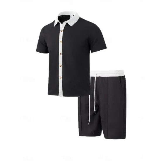 Outlet OUKU Men's T-shirt Suits 2 Pieces Outfits Tee & Shorts Short Sleeve Lapel Summer Color Block Fashion Casual 2 Piece Vacation Daily Wear Going out Black White Wine Top Tee for Men