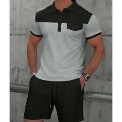 Online OUKU Men's T-shirt Suits 2 Pieces Outfits Tee & Shorts Short Sleeve Lapel Summer Color Block Fashion Casual Patchwork Pocket 2 Piece Vacation Daily Wear Going out Wine Dark Green khaki Top Tee for Men