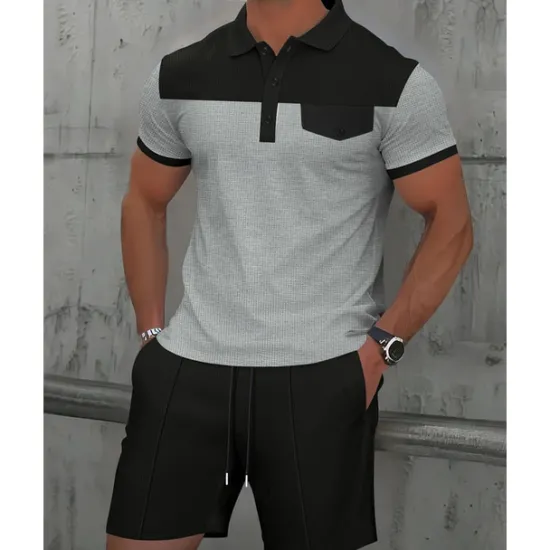 Online OUKU Men's T-shirt Suits 2 Pieces Outfits Tee & Shorts Short Sleeve Lapel Summer Color Block Fashion Casual Patchwork Pocket 2 Piece Vacation Daily Wear Going out Wine Dark Green khaki Top Tee for Men