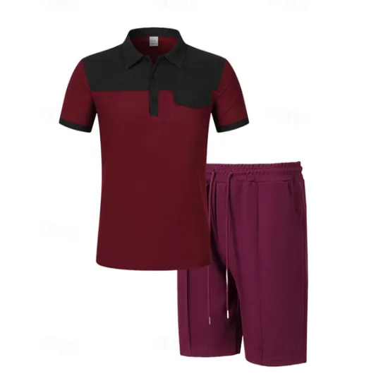 Online OUKU Men's T-shirt Suits 2 Pieces Outfits Tee & Shorts Short Sleeve Lapel Summer Color Block Fashion Casual Patchwork Pocket 2 Piece Vacation Daily Wear Going out Wine Dark Green khaki Top Tee for Men