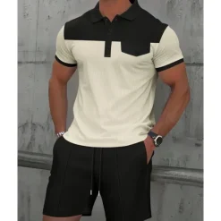 Online OUKU Men's T-shirt Suits 2 Pieces Outfits Tee & Shorts Short Sleeve Lapel Summer Color Block Fashion Casual Patchwork Pocket 2 Piece Vacation Daily Wear Going out Wine Dark Green khaki Top Tee for Men