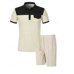 Online OUKU Men's T-shirt Suits 2 Pieces Outfits Tee & Shorts Short Sleeve Lapel Summer Color Block Fashion Casual Patchwork Pocket 2 Piece Vacation Daily Wear Going out Wine Dark Green khaki Top Tee for Men