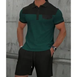 Online OUKU Men's T-shirt Suits 2 Pieces Outfits Tee & Shorts Short Sleeve Lapel Summer Color Block Fashion Casual Patchwork Pocket 2 Piece Vacation Daily Wear Going out Wine Dark Green khaki Top Tee for Men