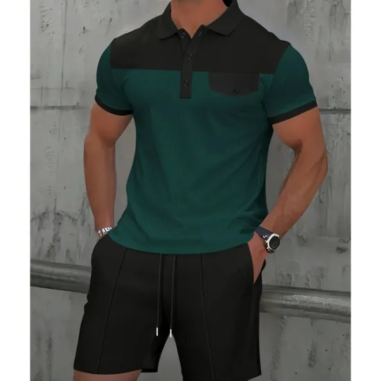 Online OUKU Men's T-shirt Suits 2 Pieces Outfits Tee & Shorts Short Sleeve Lapel Summer Color Block Fashion Casual Patchwork Pocket 2 Piece Vacation Daily Wear Going out Wine Dark Green khaki Top Tee for Men
