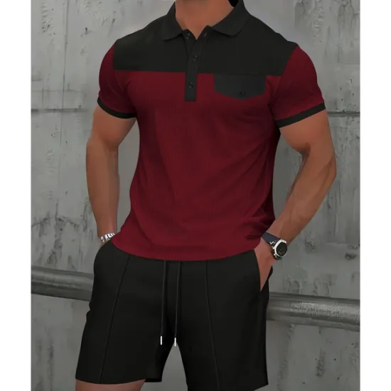 Online OUKU Men's T-shirt Suits 2 Pieces Outfits Tee & Shorts Short Sleeve Lapel Summer Color Block Fashion Casual Patchwork Pocket 2 Piece Vacation Daily Wear Going out Wine Dark Green khaki Top Tee for Men