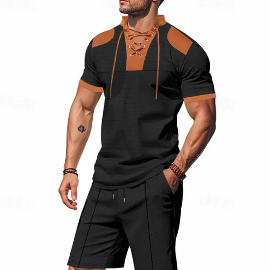 Sale OUKU Men's T-shirt Suits 2 Pieces Outfits Tee & Shorts Short Sleeve Standing Collar Summer Color Block Fashion Casual Lace up 2 Piece Vacation Daily Wear Going out Black White Royal Blue Top Tee for Men