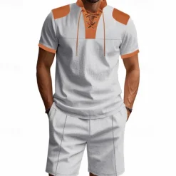 Sale OUKU Men's T-shirt Suits 2 Pieces Outfits Tee & Shorts Short Sleeve Standing Collar Summer Color Block Fashion Casual Lace up 2 Piece Vacation Daily Wear Going out Black White Royal Blue Top Tee for Men