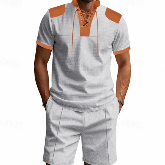 Sale OUKU Men's T-shirt Suits 2 Pieces Outfits Tee & Shorts Short Sleeve Standing Collar Summer Color Block Fashion Casual Lace up 2 Piece Vacation Daily Wear Going out Black White Royal Blue Top Tee for Men