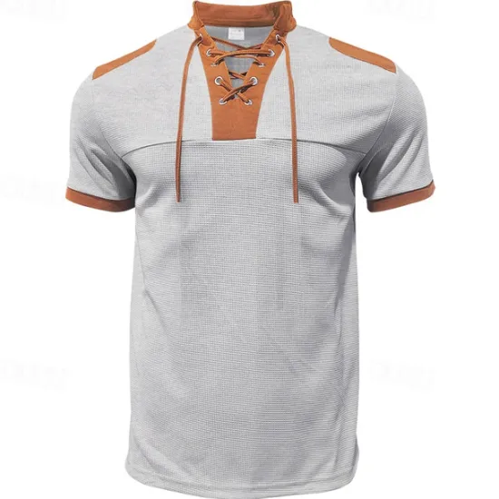 Sale OUKU Men's T-shirt Suits 2 Pieces Outfits Tee & Shorts Short Sleeve Standing Collar Summer Color Block Fashion Casual Lace up 2 Piece Vacation Daily Wear Going out Black White Royal Blue Top Tee for Men