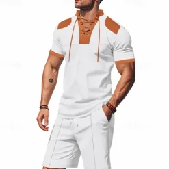Sale OUKU Men's T-shirt Suits 2 Pieces Outfits Tee & Shorts Short Sleeve Standing Collar Summer Color Block Fashion Casual Lace up 2 Piece Vacation Daily Wear Going out Black White Royal Blue Top Tee for Men