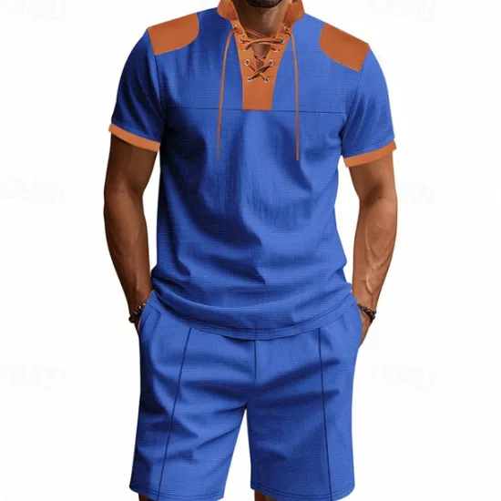Sale OUKU Men's T-shirt Suits 2 Pieces Outfits Tee & Shorts Short Sleeve Standing Collar Summer Color Block Fashion Casual Lace up 2 Piece Vacation Daily Wear Going out Black White Royal Blue Top Tee for Men