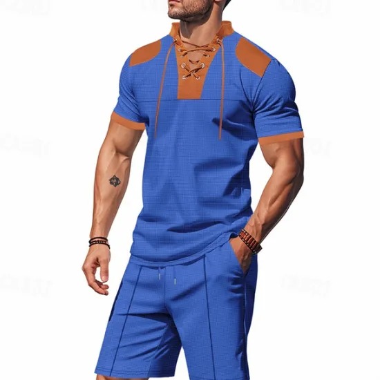 Sale OUKU Men's T-shirt Suits 2 Pieces Outfits Tee & Shorts Short Sleeve Standing Collar Summer Color Block Fashion Casual Lace up 2 Piece Vacation Daily Wear Going out Black White Royal Blue Top Tee for Men