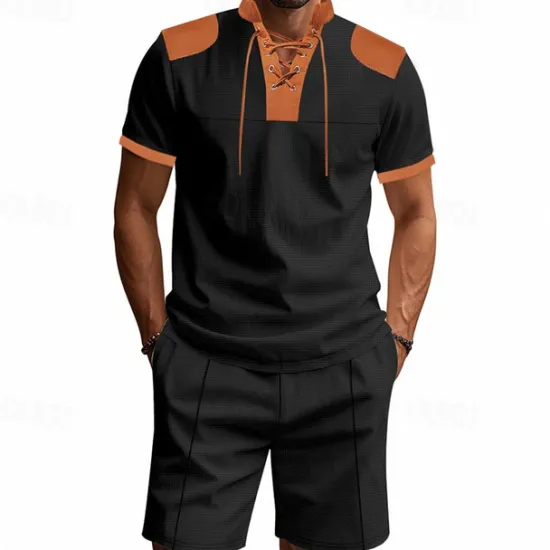 Sale OUKU Men's T-shirt Suits 2 Pieces Outfits Tee & Shorts Short Sleeve Standing Collar Summer Color Block Fashion Casual Lace up 2 Piece Vacation Daily Wear Going out Black White Royal Blue Top Tee for Men