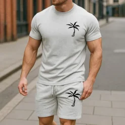 Online OUKU Men's T-shirt Suits 2 Pieces Outfits Tee & Shorts Short Sleeve Crew Neck Summer Coconut Tree Plain Fashion Casual 2 Piece Vacation Daily Wear Going out Black White Yellow Top Tee for Men