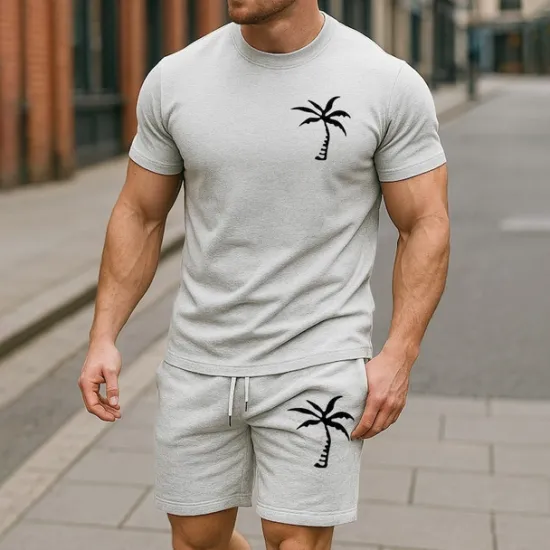 Online OUKU Men's T-shirt Suits 2 Pieces Outfits Tee & Shorts Short Sleeve Crew Neck Summer Coconut Tree Plain Fashion Casual 2 Piece Vacation Daily Wear Going out Black White Yellow Top Tee for Men