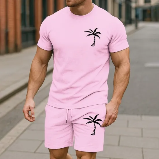 Online OUKU Men's T-shirt Suits 2 Pieces Outfits Tee & Shorts Short Sleeve Crew Neck Summer Coconut Tree Plain Fashion Casual 2 Piece Vacation Daily Wear Going out Black White Yellow Top Tee for Men