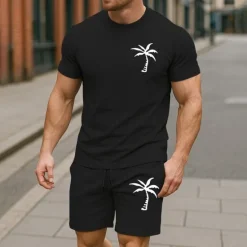 Online OUKU Men's T-shirt Suits 2 Pieces Outfits Tee & Shorts Short Sleeve Crew Neck Summer Coconut Tree Plain Fashion Casual 2 Piece Vacation Daily Wear Going out Black White Yellow Top Tee for Men