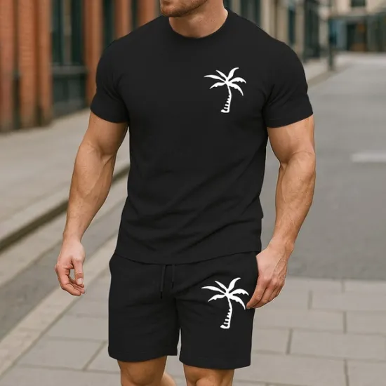 Online OUKU Men's T-shirt Suits 2 Pieces Outfits Tee & Shorts Short Sleeve Crew Neck Summer Coconut Tree Plain Fashion Casual 2 Piece Vacation Daily Wear Going out Black White Yellow Top Tee for Men