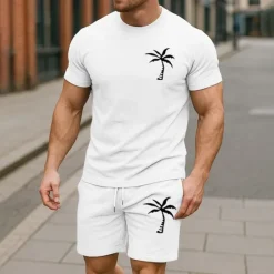 Online OUKU Men's T-shirt Suits 2 Pieces Outfits Tee & Shorts Short Sleeve Crew Neck Summer Coconut Tree Plain Fashion Casual 2 Piece Vacation Daily Wear Going out Black White Yellow Top Tee for Men