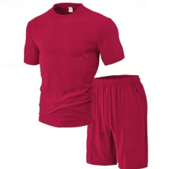 Best OUKU Men's T-shirt Suits 2 Pieces Outfits Tee & Shorts Short Sleeve Crew Neck Summer Plain Fashion Casual 2 Piece Vacation Daily Wear Going out Black Wine Dark Navy Top Tee for Men