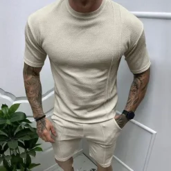 Online OUKU Men's T-shirt Suits 2 Pieces Outfits Tee & Shorts Short Sleeve Crew Neck Summer Plain Fashion Casual 2 Piece Vacation Daily Wear Going out Black White Royal Blue Top Tee for Men