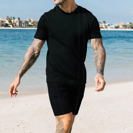 Online OUKU Men's T-shirt Suits 2 Pieces Outfits Tee & Shorts Short Sleeve Crew Neck Summer Plain Fashion Casual 2 Piece Vacation Daily Wear Going out Black White Royal Blue Top Tee for Men