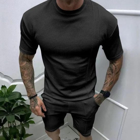 Online OUKU Men's T-shirt Suits 2 Pieces Outfits Tee & Shorts Short Sleeve Crew Neck Summer Plain Fashion Casual 2 Piece Vacation Daily Wear Going out Black White Royal Blue Top Tee for Men