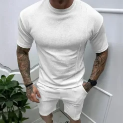 Online OUKU Men's T-shirt Suits 2 Pieces Outfits Tee & Shorts Short Sleeve Crew Neck Summer Plain Fashion Casual 2 Piece Vacation Daily Wear Going out Black White Royal Blue Top Tee for Men