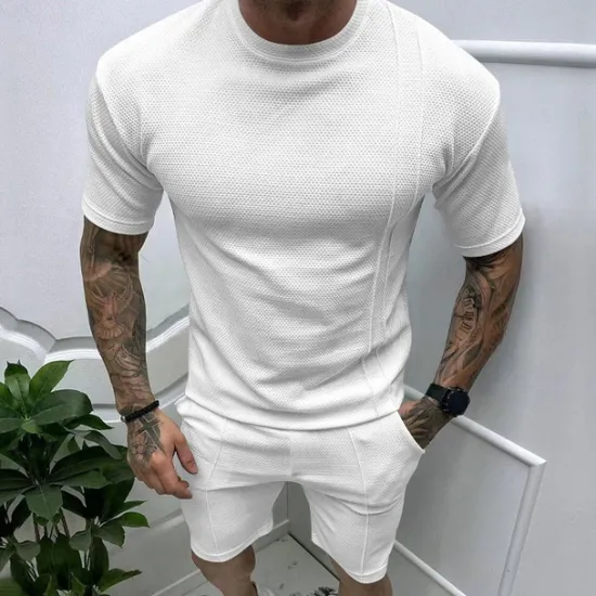 Online OUKU Men's T-shirt Suits 2 Pieces Outfits Tee & Shorts Short Sleeve Crew Neck Summer Plain Fashion Casual 2 Piece Vacation Daily Wear Going out Black White Royal Blue Top Tee for Men