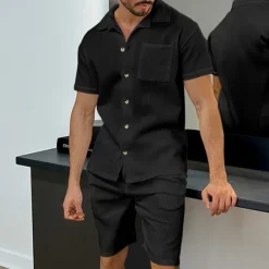 New OUKU Men's T-shirt Suits 2 Pieces Outfits Tee & Shorts Short Sleeve Turndown Summer Plain Fashion Casual 2 Piece Vacation Daily Wear Going out Black White Blue Top Tee for Men