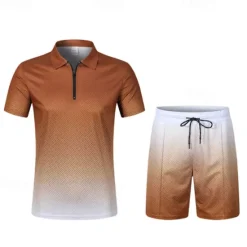 Online OUKU Men's T-shirt Suits 2 Pieces Outfits Tee & Shorts Short Sleeve Lapel Summer Color Block Fashion Casual 2 Piece Quarter Zip Vacation Daily Wear Going out Black Brown Top Tee for Men