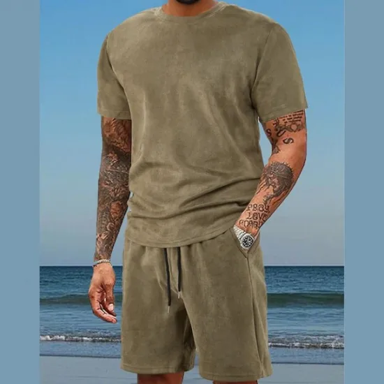 Clearance OUKU Men's T-shirt Suits 2 Pieces Outfits Tee & Shorts Short Sleeve Crewneck Summer Solid / Plain Color Fashion Casual 2 Piece Vacation Daily Wear Going out Dark Blue Wine Royal Blue Top Tee for Men