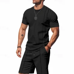 Outlet OUKU Men's T-shirt Suits 2 Pieces Outfits Tee & Shorts Short Sleeve Crew Neck Summer Plain Fashion Casual 2 Piece Vacation Daily Wear Going out Black White Royal Blue Top Tee for Men