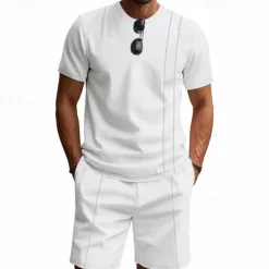 Outlet OUKU Men's T-shirt Suits 2 Pieces Outfits Tee & Shorts Short Sleeve Crew Neck Summer Plain Fashion Casual 2 Piece Vacation Daily Wear Going out Black White Royal Blue Top Tee for Men