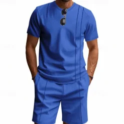 Outlet OUKU Men's T-shirt Suits 2 Pieces Outfits Tee & Shorts Short Sleeve Crew Neck Summer Plain Fashion Casual 2 Piece Vacation Daily Wear Going out Black White Royal Blue Top Tee for Men