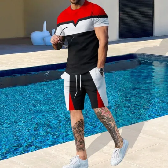 Online OUKU Men's T-shirt Suits 2 Pieces Outfits Tee & Shorts Short Sleeve Crewneck Summer Color Block Fashion Casual 2 Piece Vacation Daily Wear Going out Black Blue Yellow Top Tee for Men