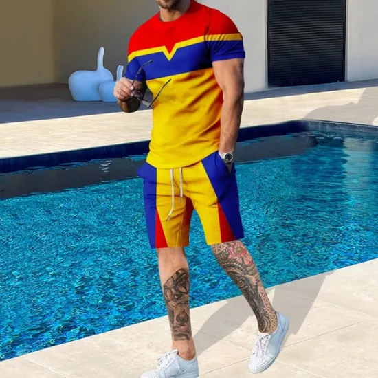 Online OUKU Men's T-shirt Suits 2 Pieces Outfits Tee & Shorts Short Sleeve Crewneck Summer Color Block Fashion Casual 2 Piece Vacation Daily Wear Going out Black Blue Yellow Top Tee for Men