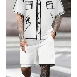 Outlet OUKU Men's T-shirt Suits 2 Pieces Outfits Tee & Shorts Short Sleeve Crew Neck Summer Graphic Fashion Casual 2 Piece Vacation Daily Wear Going out Black White Top Tee for Men