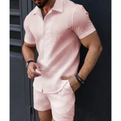 Sale OUKU Men's T-shirt Suits 2 Pieces Outfits Tee & Shorts Short Sleeve Lapel Summer Plain Fashion Casual 2 Piece Jacquard Vacation Daily Wear Going out Black White Pink Top Tee for Men
