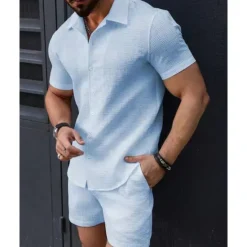 Sale OUKU Men's T-shirt Suits 2 Pieces Outfits Tee & Shorts Short Sleeve Lapel Summer Plain Fashion Casual 2 Piece Jacquard Vacation Daily Wear Going out Black White Pink Top Tee for Men