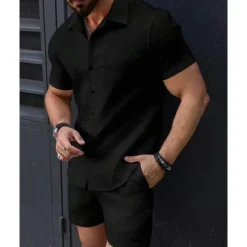 Sale OUKU Men's T-shirt Suits 2 Pieces Outfits Tee & Shorts Short Sleeve Lapel Summer Plain Fashion Casual 2 Piece Jacquard Vacation Daily Wear Going out Black White Pink Top Tee for Men