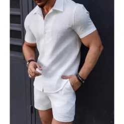 Sale OUKU Men's T-shirt Suits 2 Pieces Outfits Tee & Shorts Short Sleeve Lapel Summer Plain Fashion Casual 2 Piece Jacquard Vacation Daily Wear Going out Black White Pink Top Tee for Men