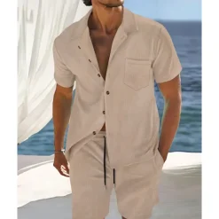 Clearance OUKU Men's T-shirt Suits 2 Pieces Outfits Tee & Shorts Short Sleeve Shirt Collar Summer Plain Fashion Casual 2 Piece Vacation Daily Wear Going out Black Navy Blue Blue Top Tee for Men