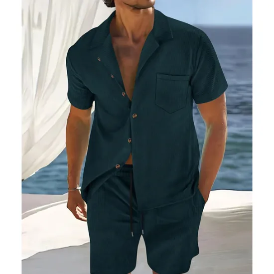 Clearance OUKU Men's T-shirt Suits 2 Pieces Outfits Tee & Shorts Short Sleeve Shirt Collar Summer Plain Fashion Casual 2 Piece Vacation Daily Wear Going out Black Navy Blue Blue Top Tee for Men