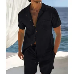 Clearance OUKU Men's T-shirt Suits 2 Pieces Outfits Tee & Shorts Short Sleeve Shirt Collar Summer Plain Fashion Casual 2 Piece Vacation Daily Wear Going out Black Navy Blue Blue Top Tee for Men
